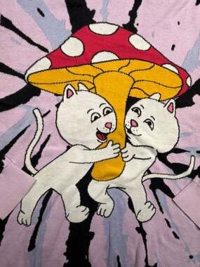 RIPNDIP Dolls Kill Lavender Mushroom Cat Graphic Knit Sweater Fits L Psychedelic